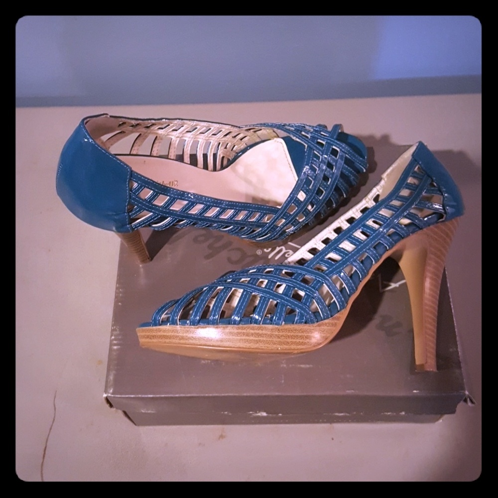 Teal wooden heel stillettos